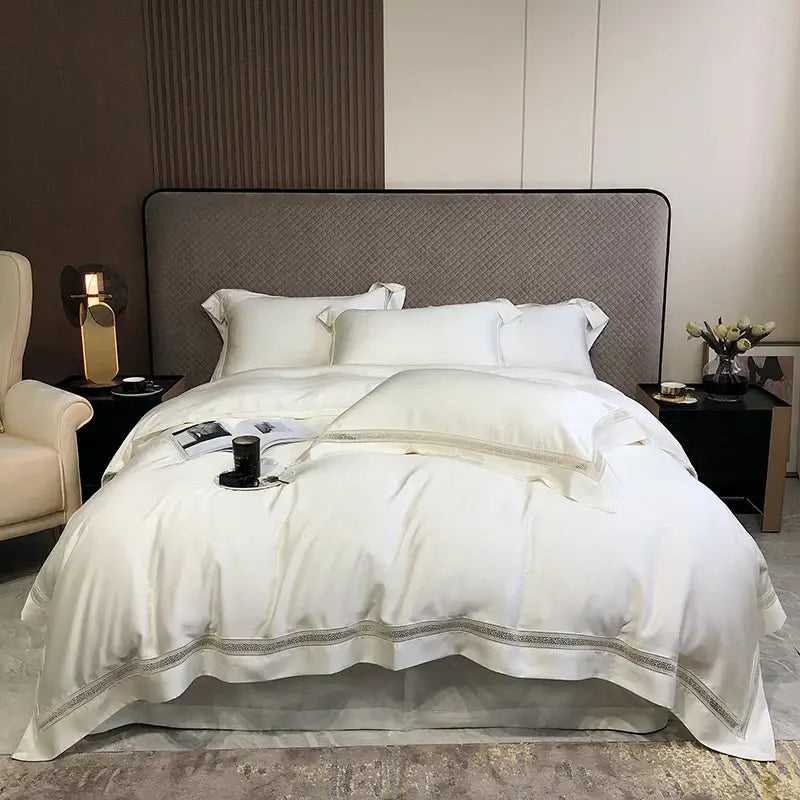 Lace trim eucalyptus lyocell luxury bedding set bedroom white satin
