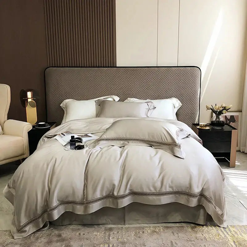 Lace trim eucalyptus lyocell luxury bedding set bedroom white satin