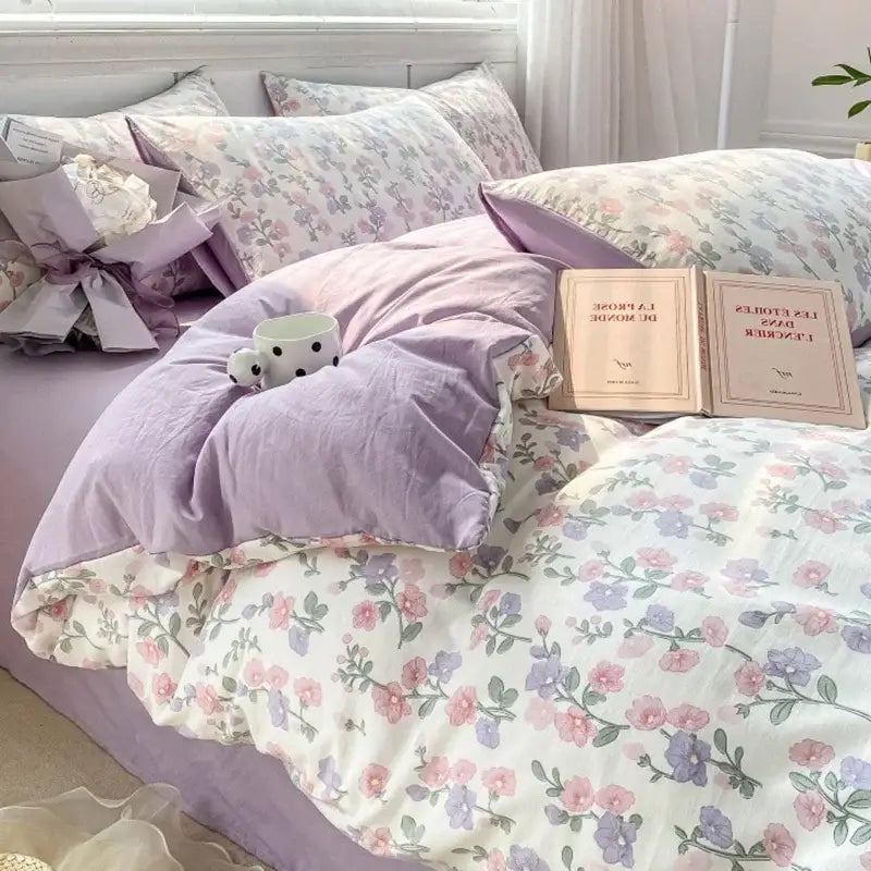 Lavender and pink floral double layer yarn bed sheet set bedroom