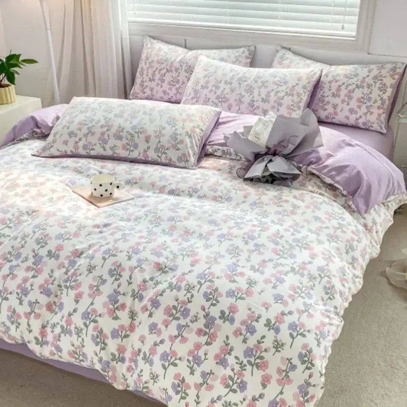 Lavender and pink floral double layer yarn bed sheet set bedroom