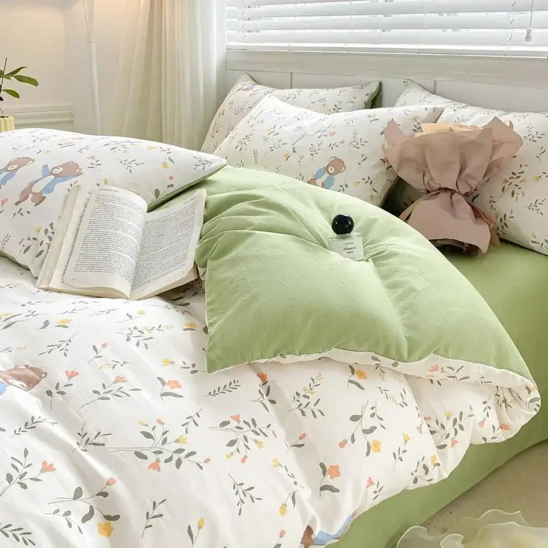 Lavender and pink floral double layer yarn bed sheet set bedroom