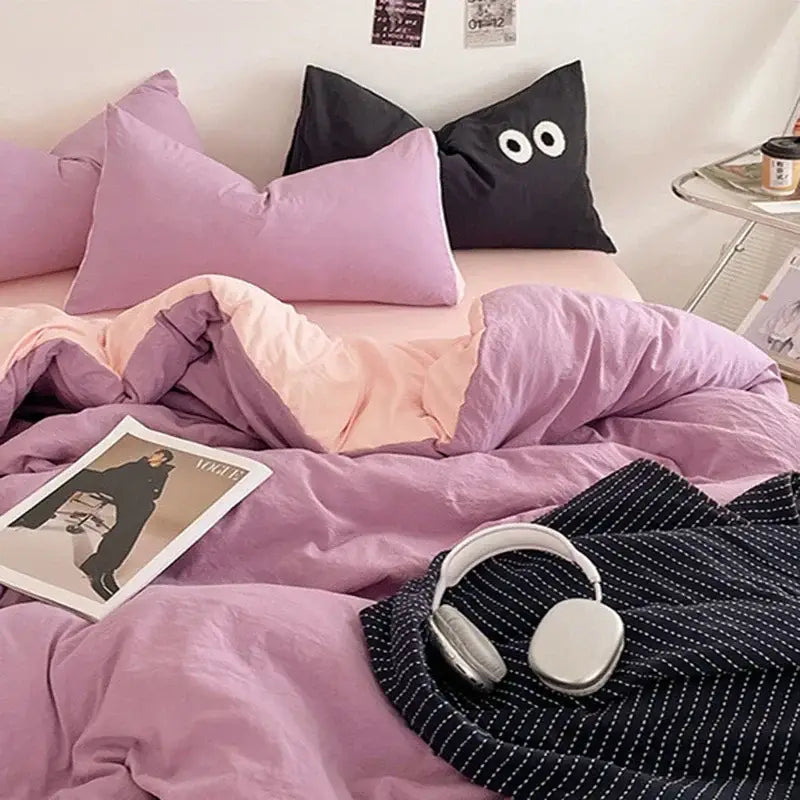 Lavender & black cotton bedding set bedroom soft duvet sheets