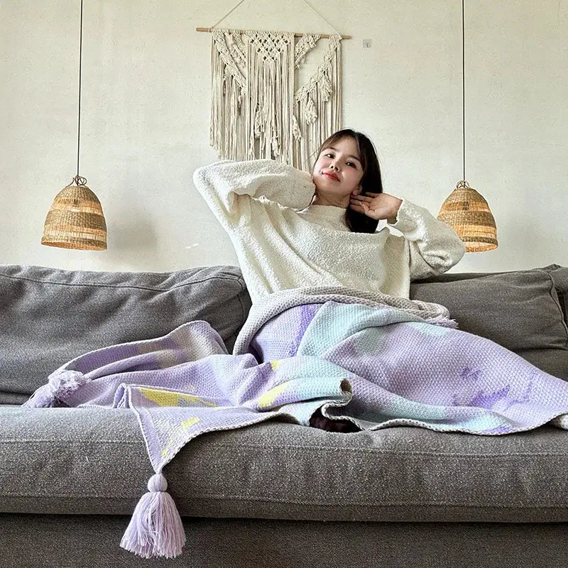 Lavender floral cozy knit blanket living room throw with tassels