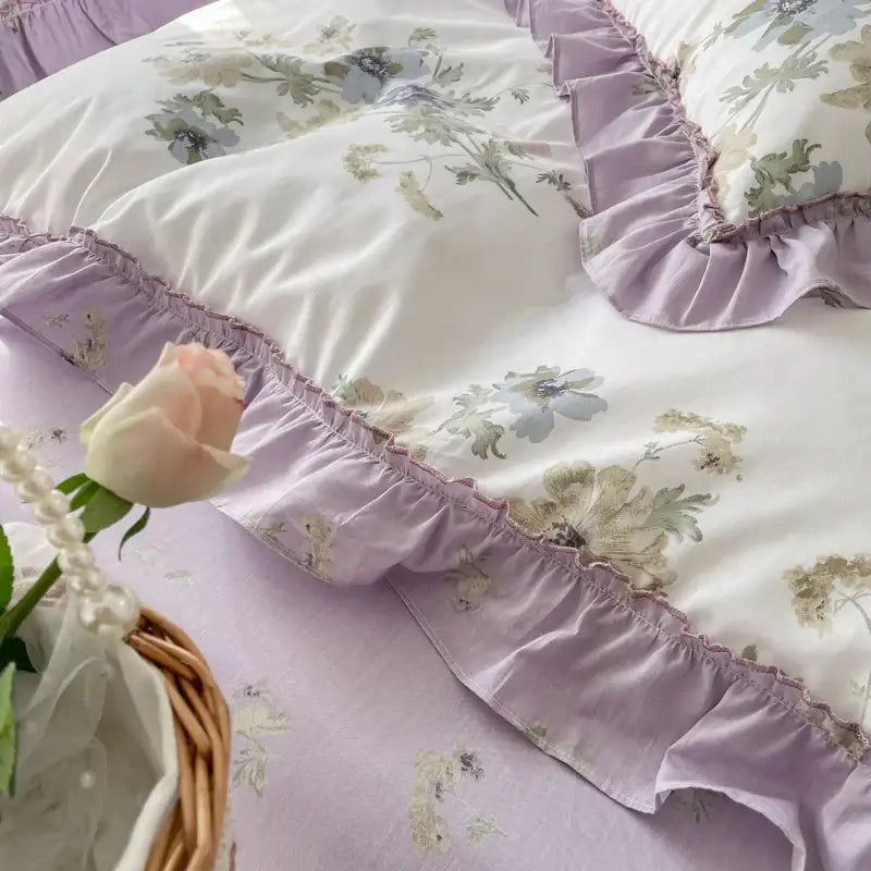Lavender floral ruffled bedding set – bedroom gardenia print princess
