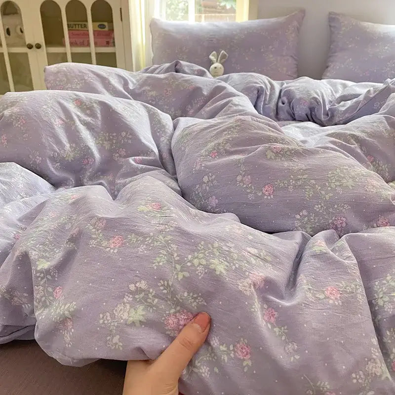 Lavender floral textured cotton bedding set bedroom quilt