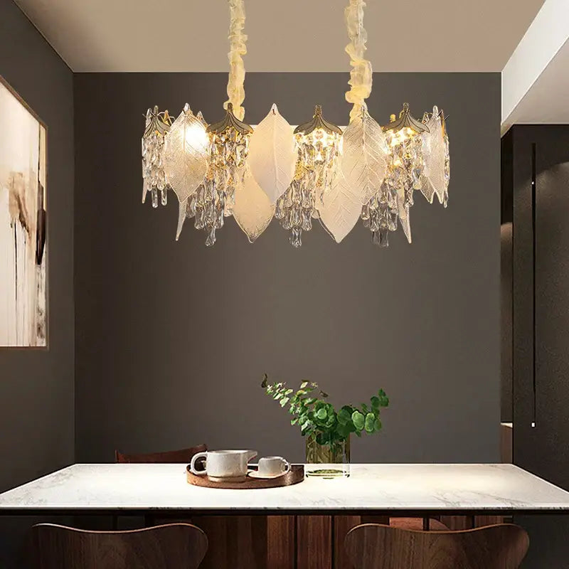 Leaf shaped gold and crystal glass chandelier dining room pendant light