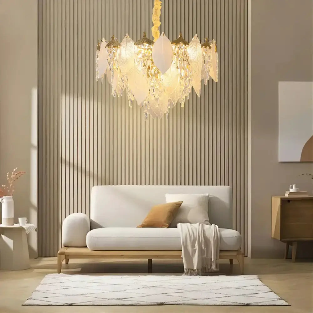 Leaf shaped gold and crystal glass chandelier dining room pendant light