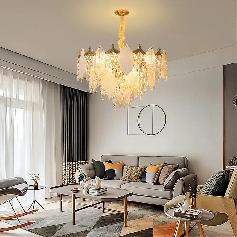 Leaf shaped gold and crystal glass chandelier dining room pendant light