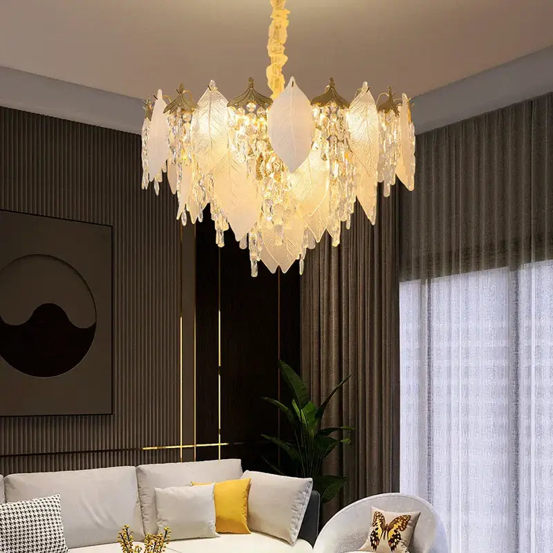 Leaf shaped gold and crystal glass chandelier dining room pendant light