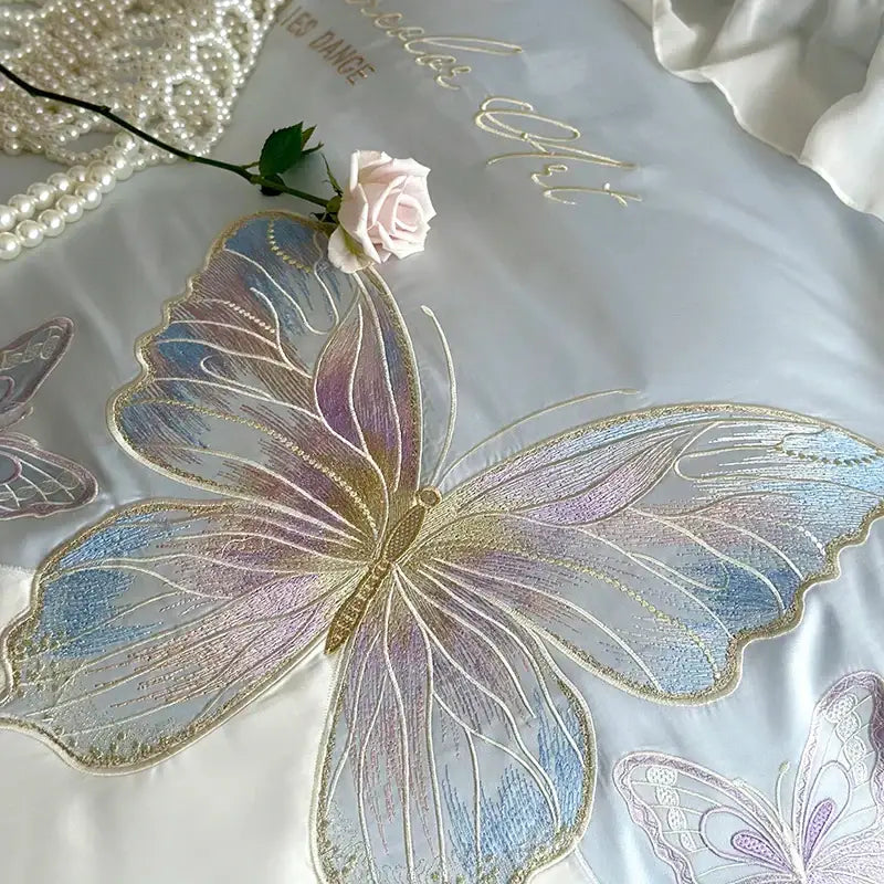 Light blue butterfly embroidery bedding set bedroom french lace