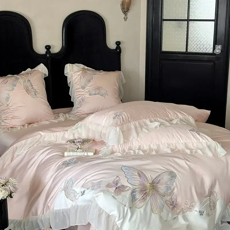 Light blue butterfly embroidery bedding set bedroom french lace