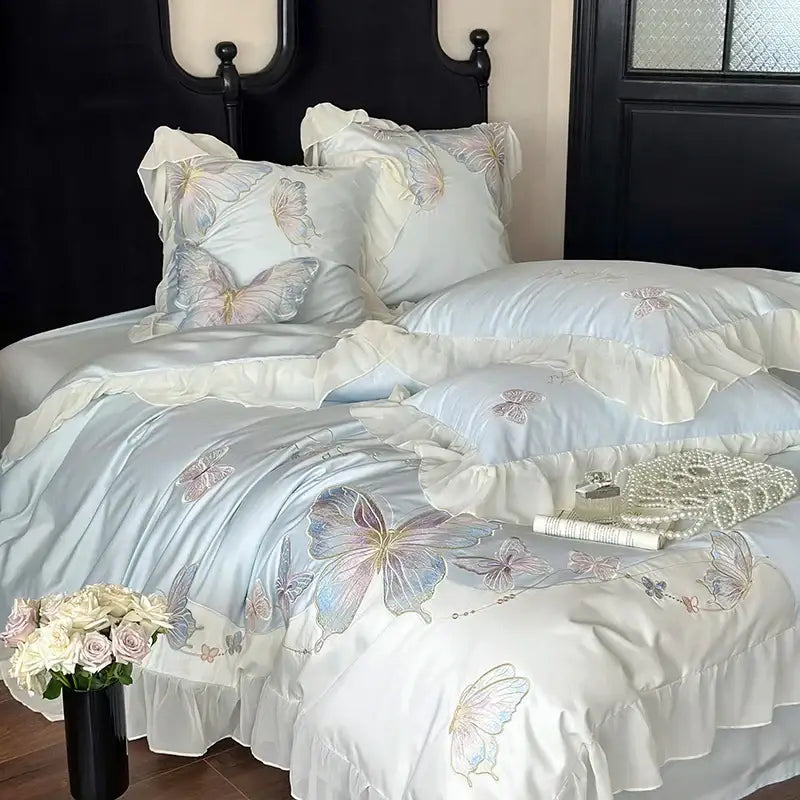 Light blue butterfly embroidery bedding set bedroom french lace