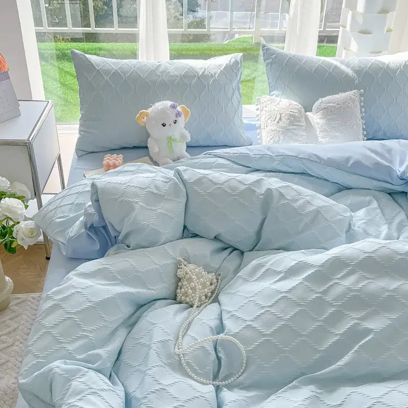 Light blue diamond grid jacquard bedding sets for bedroom comfort