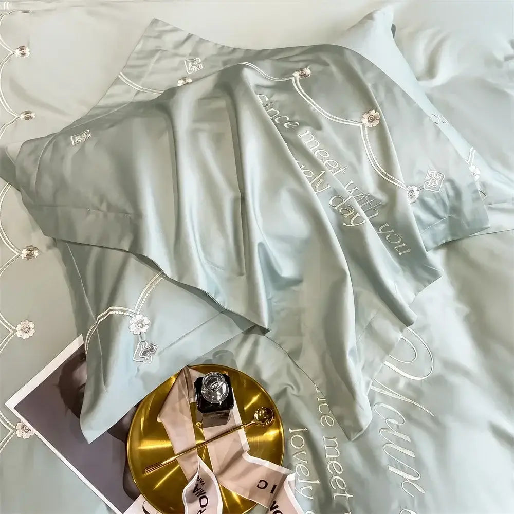 Light blue embroidered egyptian cotton bedding sets bedroom satin luxe