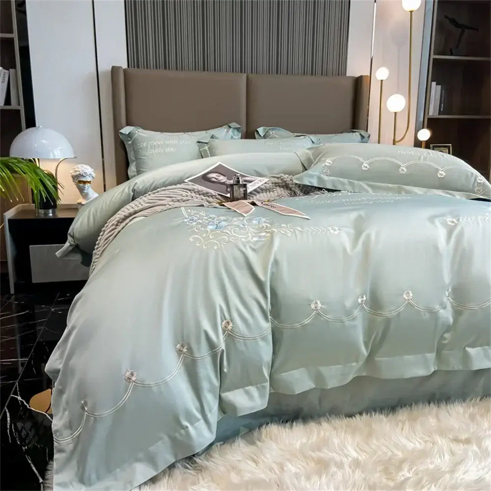 Light blue embroidered egyptian cotton bedding sets bedroom satin luxe