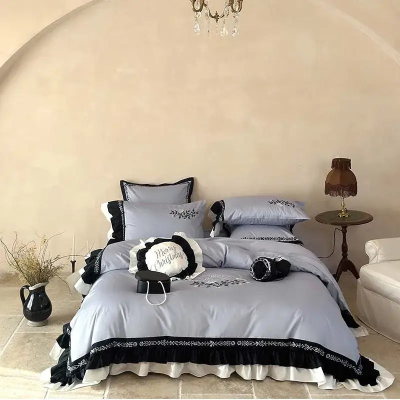 Light blue flowers embroidery ruffles bedding set bedroom decor