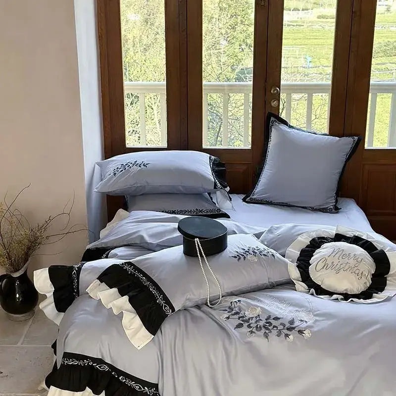 Light blue flowers embroidery ruffles bedding set bedroom decor
