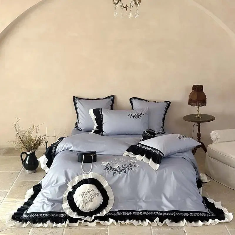 Light blue flowers embroidery ruffles bedding set bedroom decor
