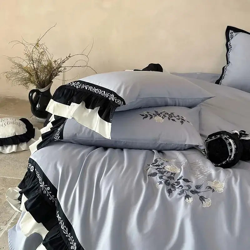 Light blue flowers embroidery ruffles bedding set bedroom decor