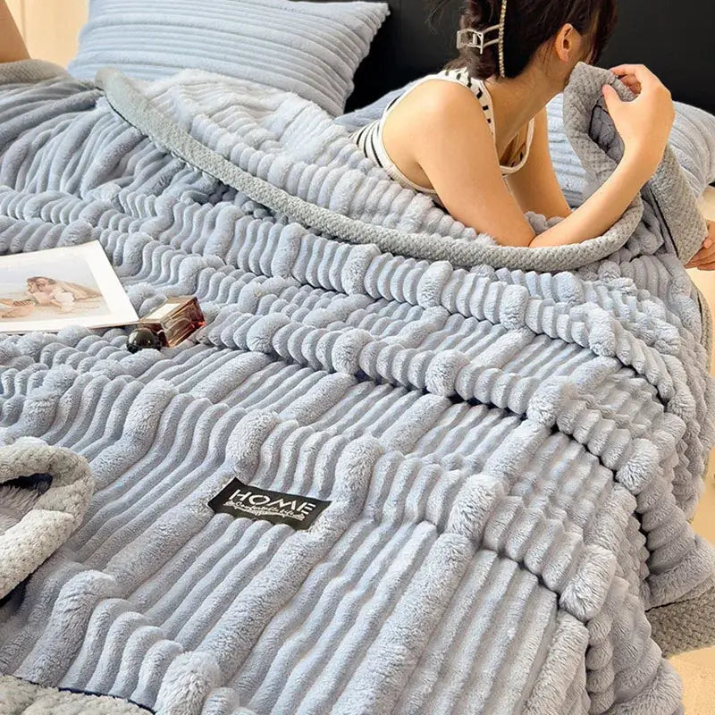 Light blue ribbed cozy faux rabbit plush blanket bedroom shawl