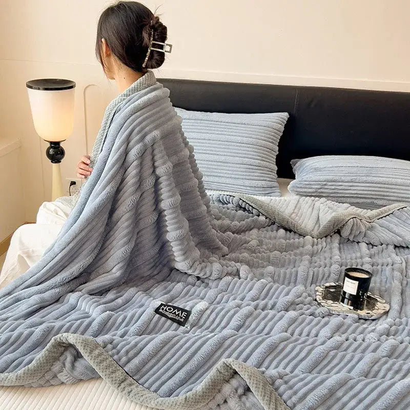 Light blue ribbed cozy faux rabbit plush blanket bedroom shawl