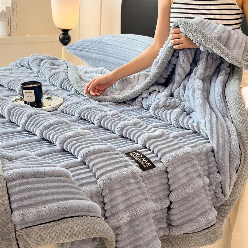 Light blue ribbed cozy faux rabbit plush blanket bedroom shawl