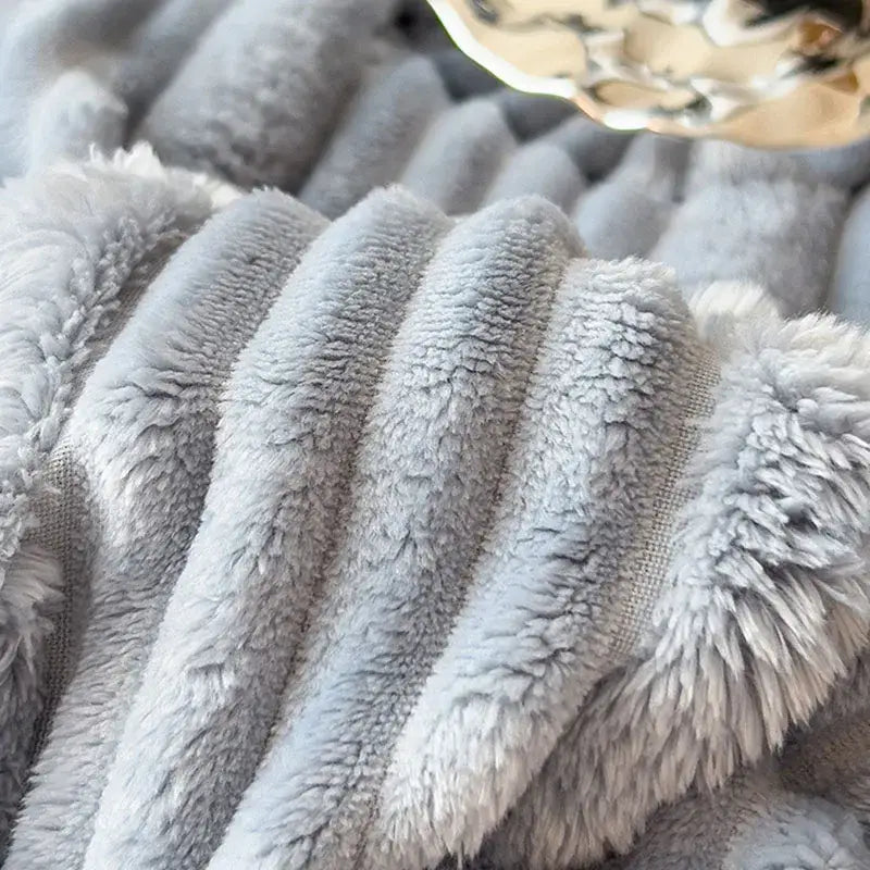 Light blue ribbed cozy faux rabbit plush blanket bedroom shawl