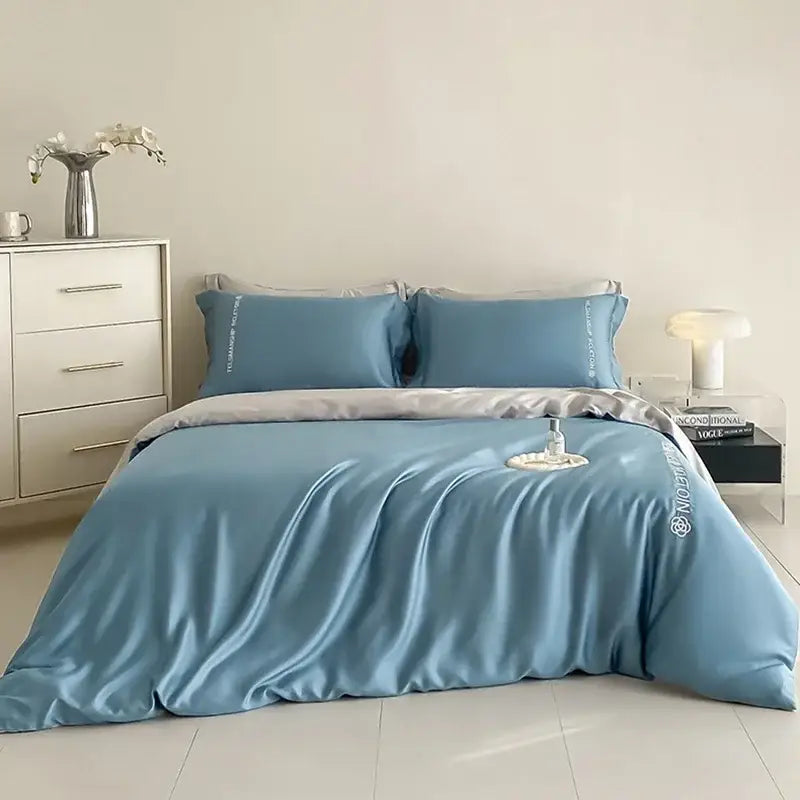 Light blue satin cotton embroidery bedding set bedroom duvet kit