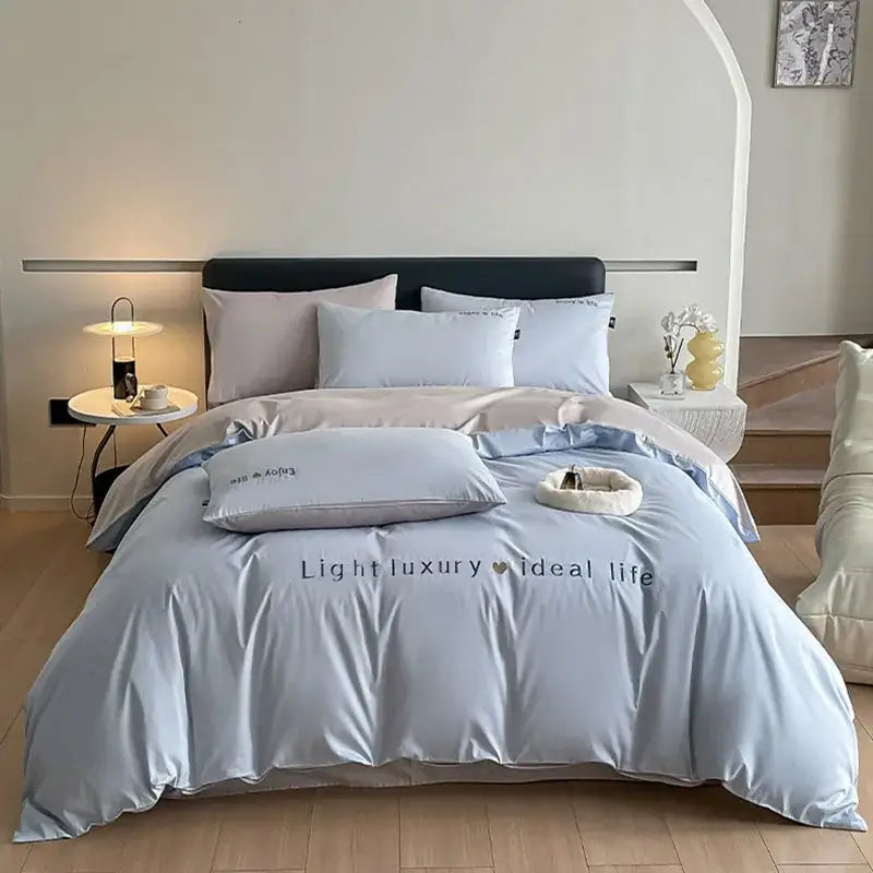 Light blue satin embroidery bedding set bedroom duvet cover