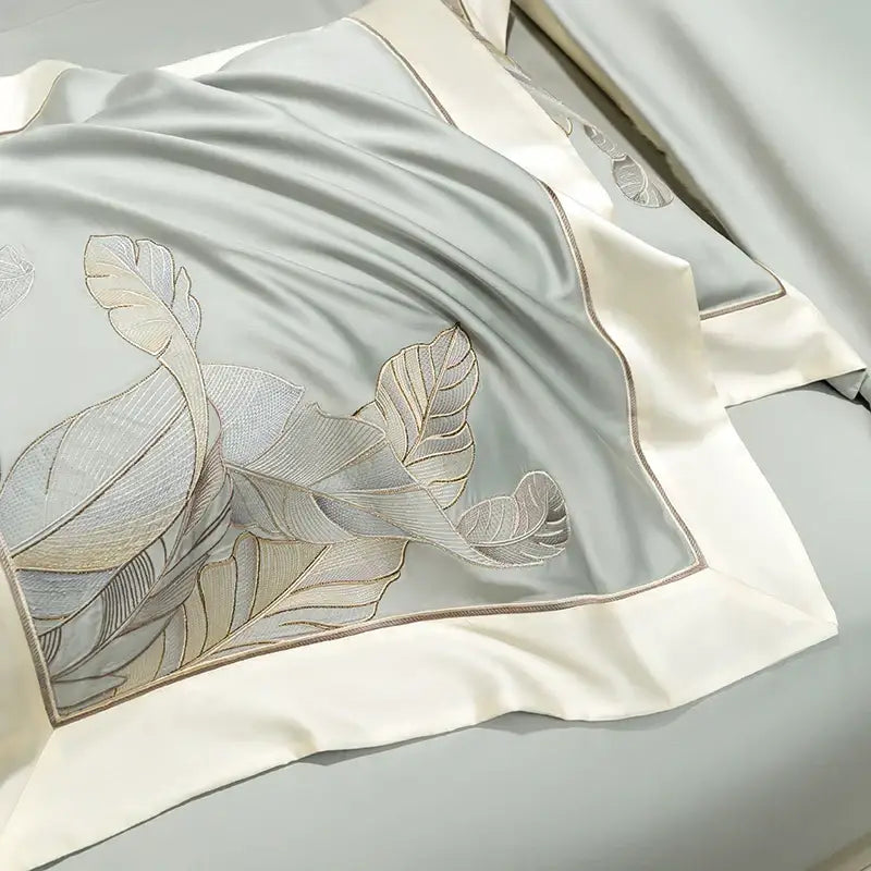 Light gray eucalyptus lyocell soft bedding set bedroom leaf embroidery