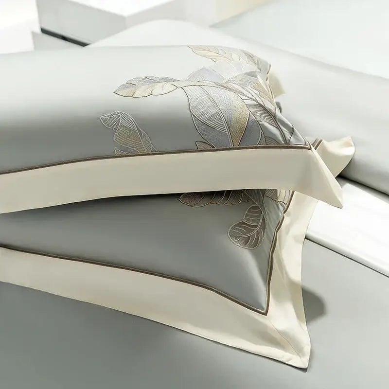 Light gray eucalyptus lyocell soft bedding set bedroom leaf embroidery