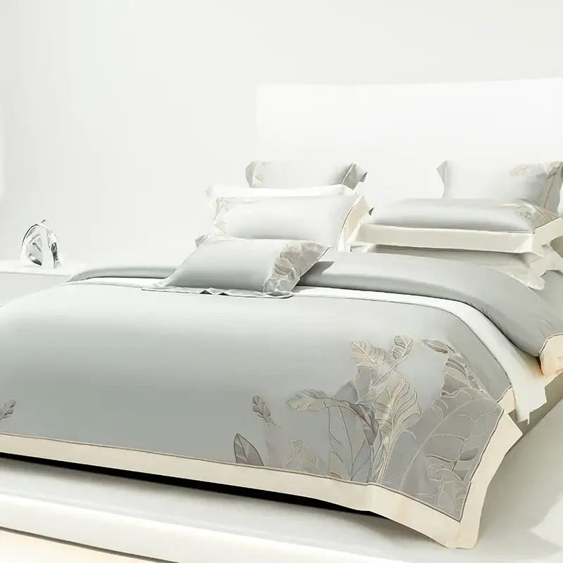 Light gray eucalyptus lyocell soft bedding set bedroom leaf embroidery