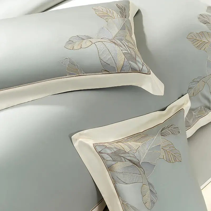 Light gray eucalyptus lyocell soft bedding set bedroom leaf embroidery
