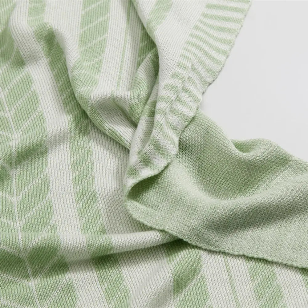 Light green leaf pattern bamboo knitted cooling blanket bedroom throw