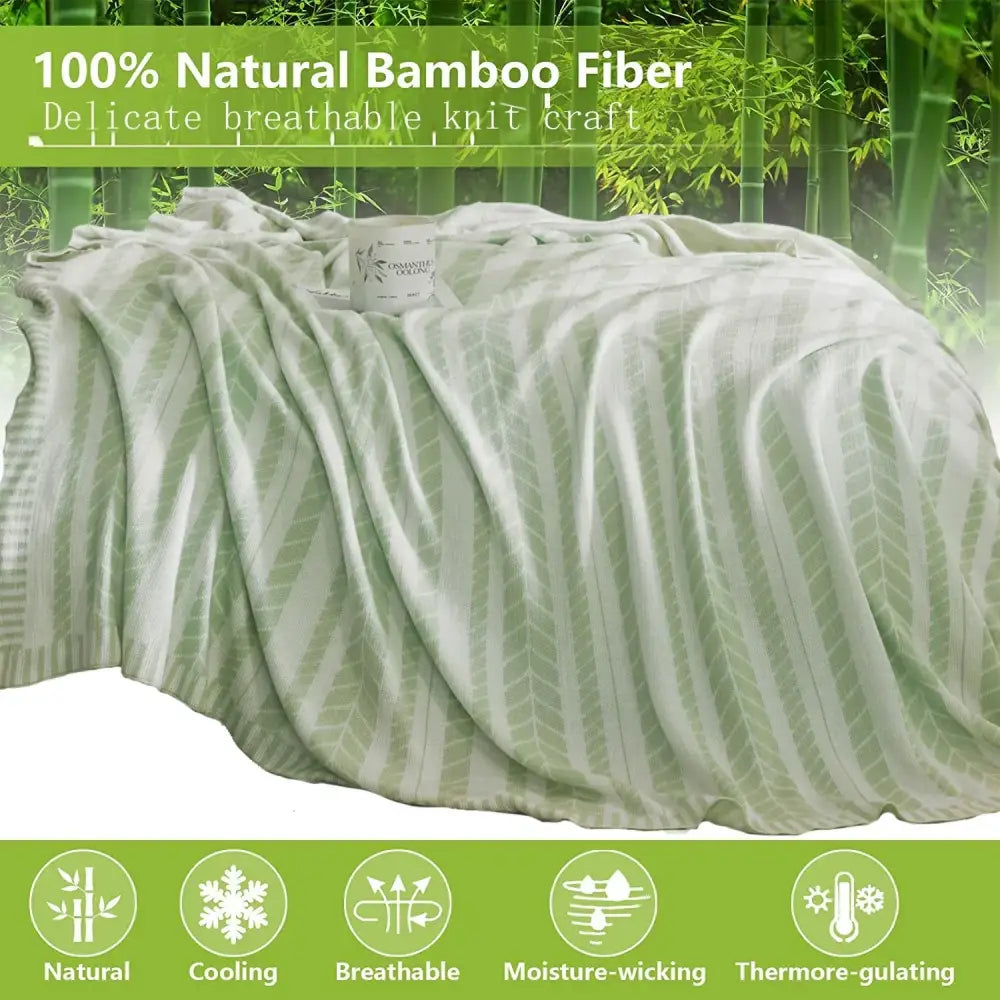 Light green leaf pattern bamboo knitted cooling blanket bedroom throw
