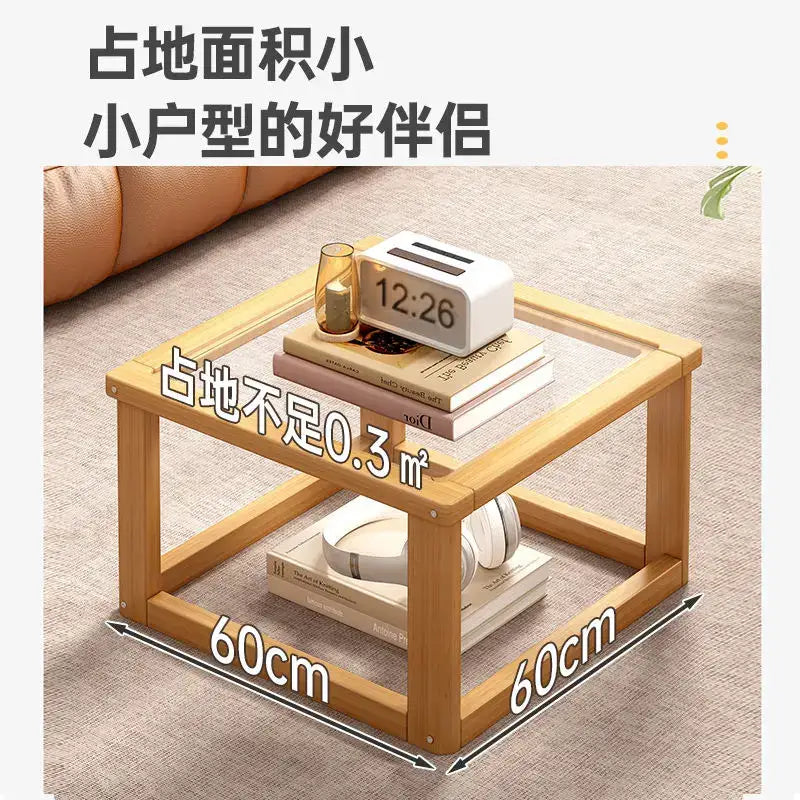 Light wood two tier glass coffee table set living room open shelving