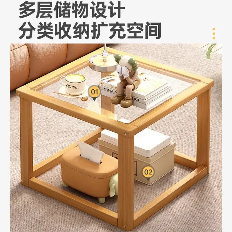 Light wood two tier glass coffee table set living room open shelving