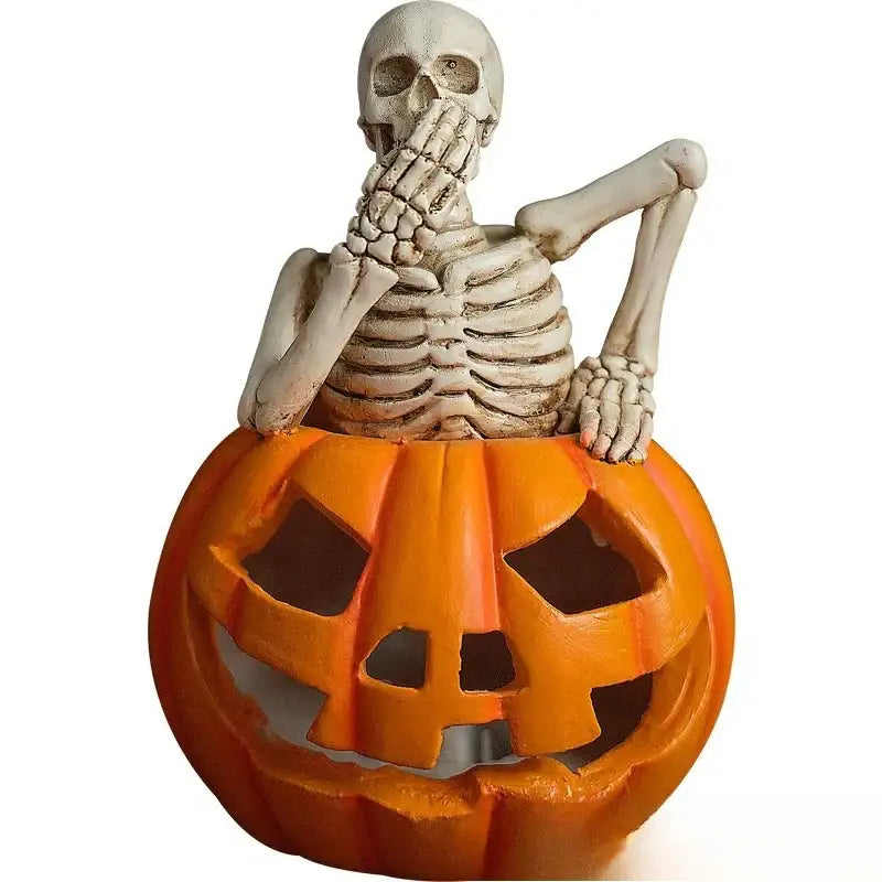 Lighted skull pumpkin skeleton sculpture set living room decor