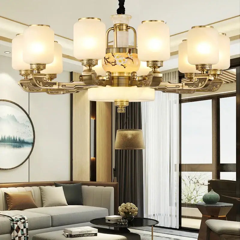 Luxe gold and frosted glass jade chandelier living room light