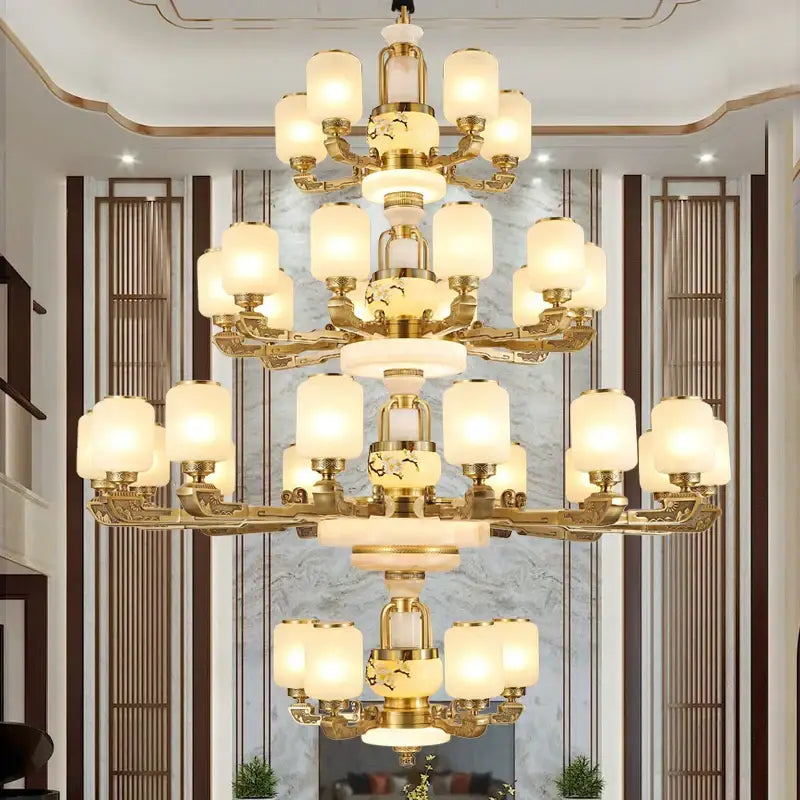 Luxe gold and frosted glass jade chandelier living room light