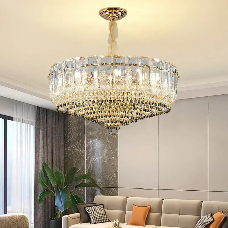Luxe gold and gray crystal duplex villa chandelier living room light