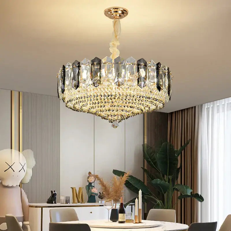 Luxe gold and gray crystal duplex villa chandelier living room light