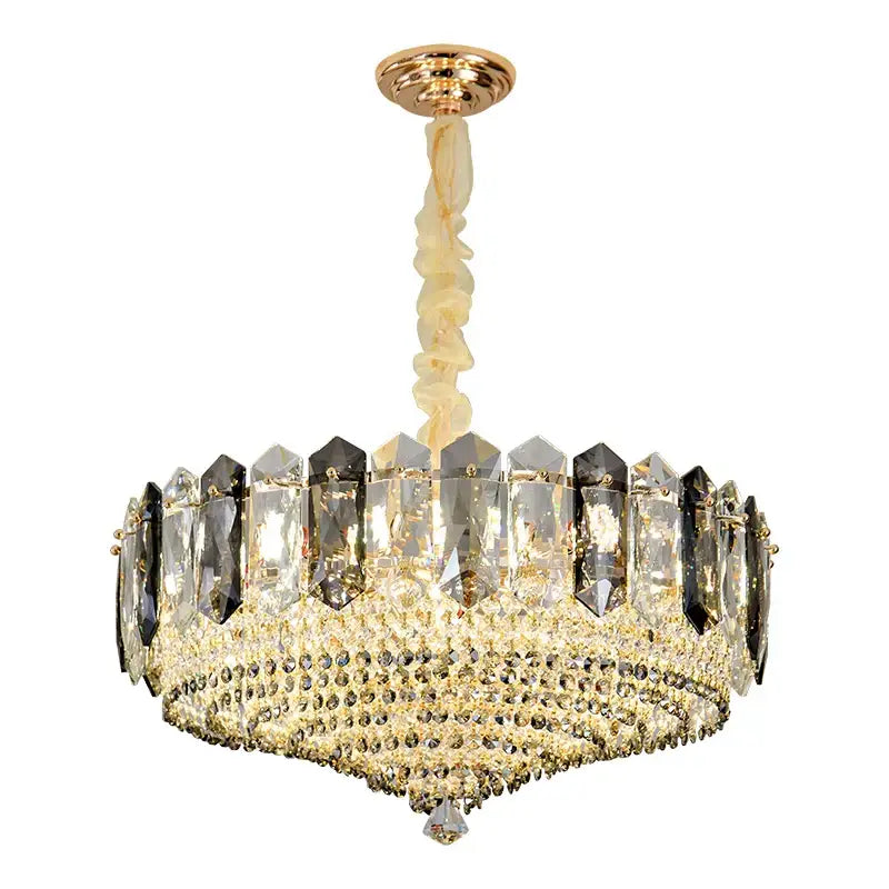 Luxe gold and gray crystal duplex villa chandelier living room light