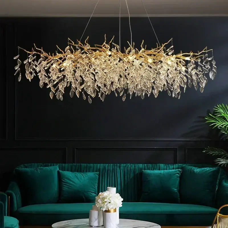 Luxe gold crystal branch pendant light living room chandelier