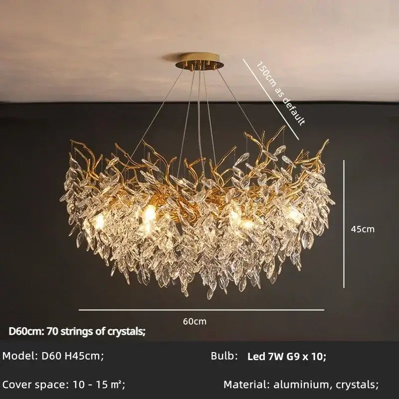 Luxe gold crystal branch pendant light living room chandelier