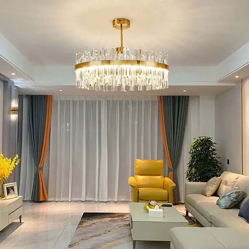 Luxe gold crystal round ceiling chandelier for dining room