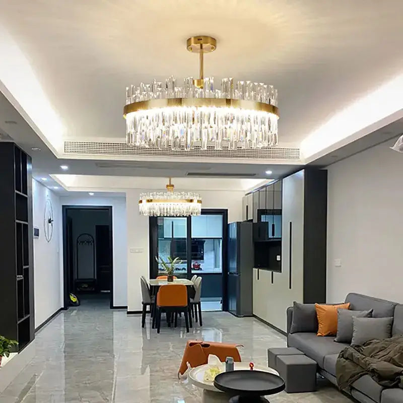Luxe gold crystal round ceiling chandelier for dining room