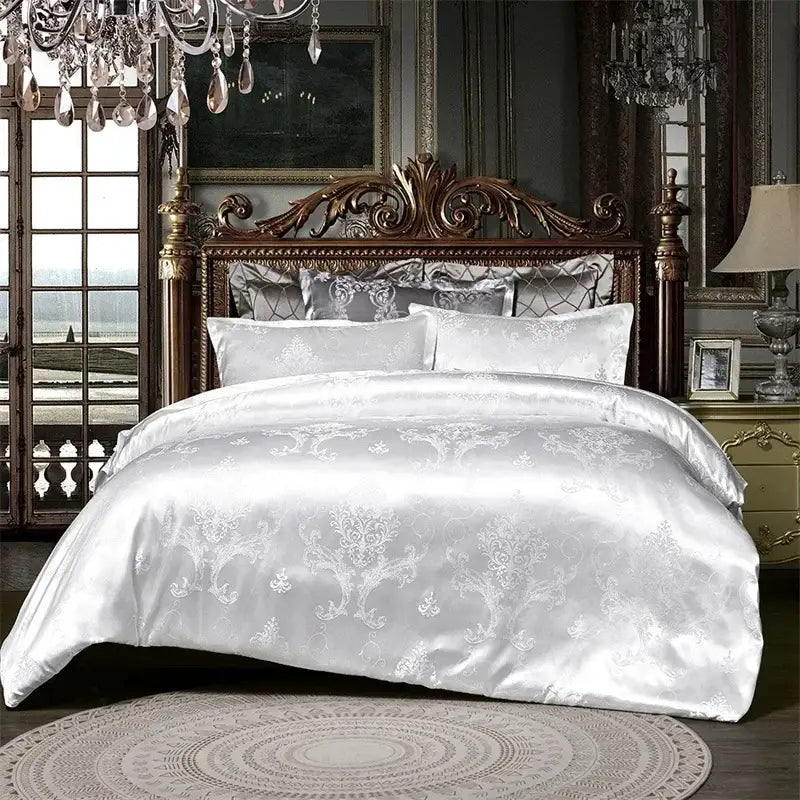 Luxurious cream & bronze jacquard satin bedding set bedroom decor