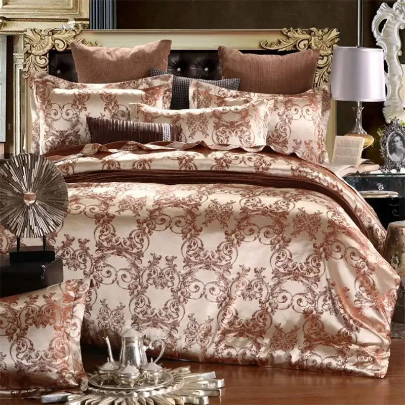 Luxurious cream & bronze jacquard satin bedding set bedroom decor