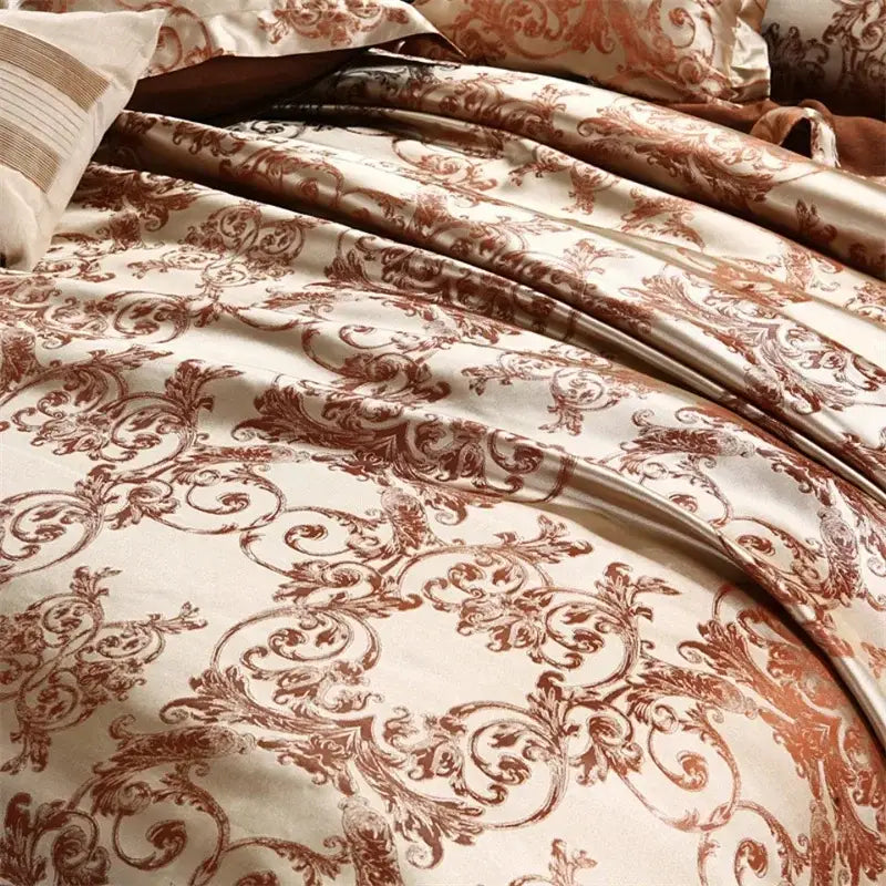 Luxurious cream & bronze jacquard satin bedding set bedroom decor